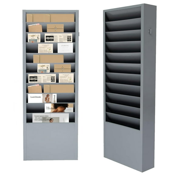 Office File Folder Wall Rack with 11 Tiered Pockets, Office Filing Rack, Gray Putty Powder Coated Steel Medical Chart Holder
