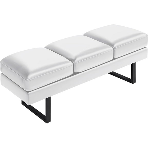 Office Guest Chair Reception Bench, 59.6" 3-Seat Faux Leather Waiting Room Chair with Upholstered Cushion, Metal Frame Conference Room Chair for Salon, Shop, and Office (White)