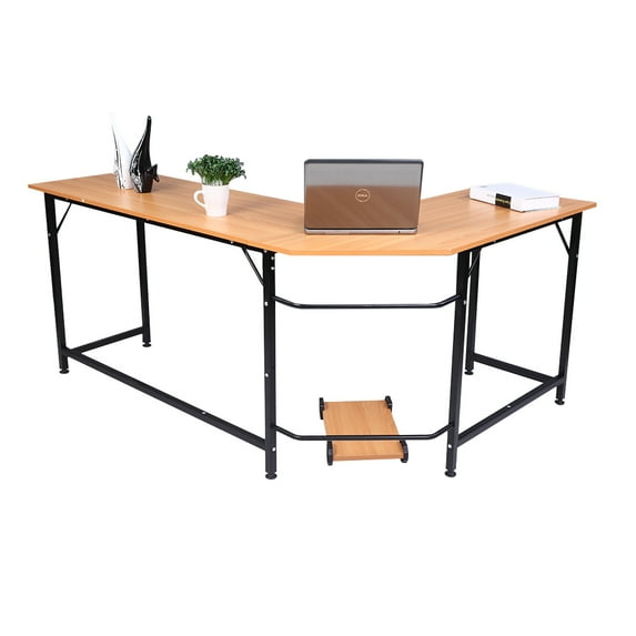 Office L-Shaped Computer Desk, 66'' x 47'' x 28'' Corner Desk, Modern Design PC Laptop Computer Table Study Desk, for Home Office Notebook Desk, Natural Color & Metal Black, S10623
