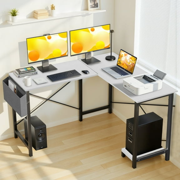 Office L-shaped Computer Desk, Reversible Corner PC Work Table with Wood Tabletop and Metal Frame, Gaming Desk for Home Office, Small Space, Gray
