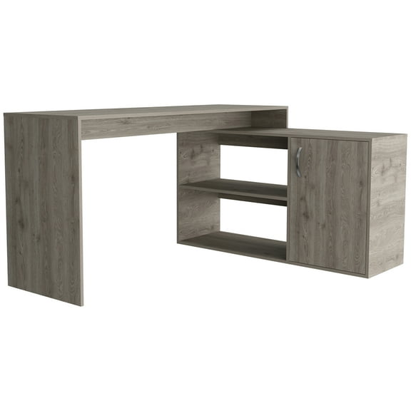 Office L-shaped Gray Desk, 59.64''w X 25.39''h, With Single Door Cabinet And Two Shelves, Built Particle Board Piece Desk For Organization, Gray, Door Crafted