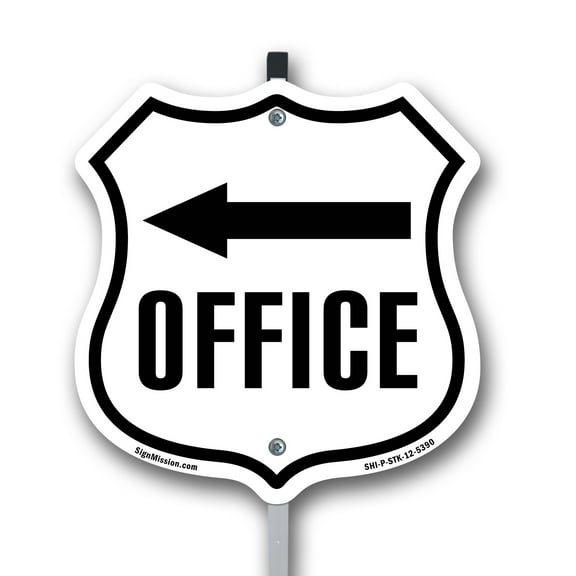 Office Left Arrow 12 inch X 12 inch Shield Shaped Commercial Grade Plastic Sign with Aluminum Mounting Stake Weather Resistant Made in the USA