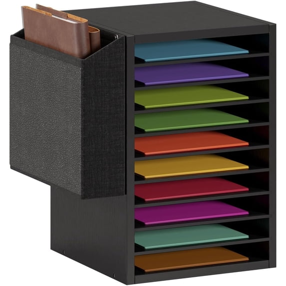 Office Mail Sorter, Wooden Paper Organizer With Storage Bag, 10 Tier Adjustable Classroom Mailbox, Removable Classroom Organization, Teacher Desk Organization for Office, Study, Black