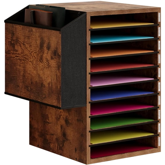 Office Mail Sorter, Wooden Paper Organizer with Storage Bag, 10 Tier Adjustable Classroom Mailbox, Removable Classroom Organization, Teacher Desk Organization for Office, Study, Brown