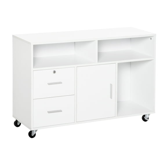 Office Mobile Cabinet In White - Printer Stand With Caster Wheels, 2 Locking Breaks, Drawer, And 3 Shelves For Organizing Files Notebooks Organizer Keeping Organized