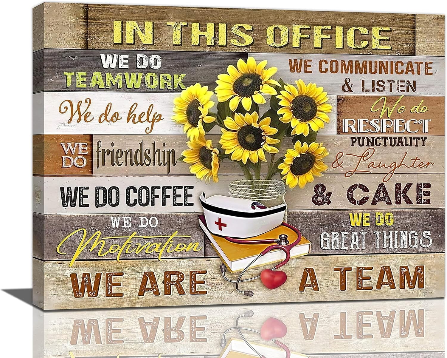 In This Office Nurse Wall Art Inspirational Quotes Therapist Medical Teamwork Nursing Gifts Sunflower Pictures Wall Decor We Are A Team Canvas Painting Prints Decorations Framed for School 16"x12"