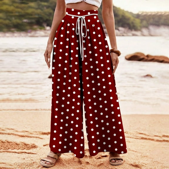 uublik Office Pants for Women Red High Waisted Palazzo Pants Casual Wide Leg Long Lounge Pant Trousers with Pocket