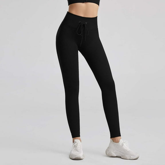 Office Pants for Women Women's High Waist Drawstring Leggings Seamless Ribbed Yoga Pants for Loungewear Casual Gym Fitness Wear Black L