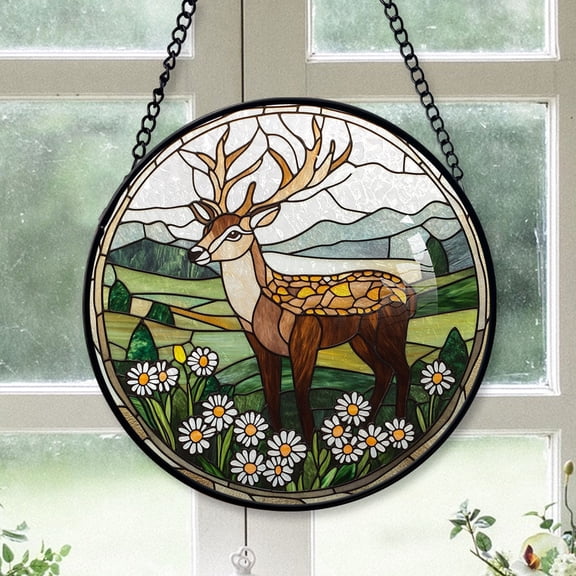 Office Party Gift - Deer Daisy Flower Christmas Stained Glass Hanging Ornament - Warm Holiday Tree Decoration, Christmas Gift for Mom, Dad, Friends, Family