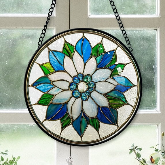 Office Party Gift - Hydrangea Flowers Plant Christmas Stained Glass Hanging Ornament - Classic Red Plaid Holiday Tree Decoration, Gift for Mom, Dad, Friends, Family