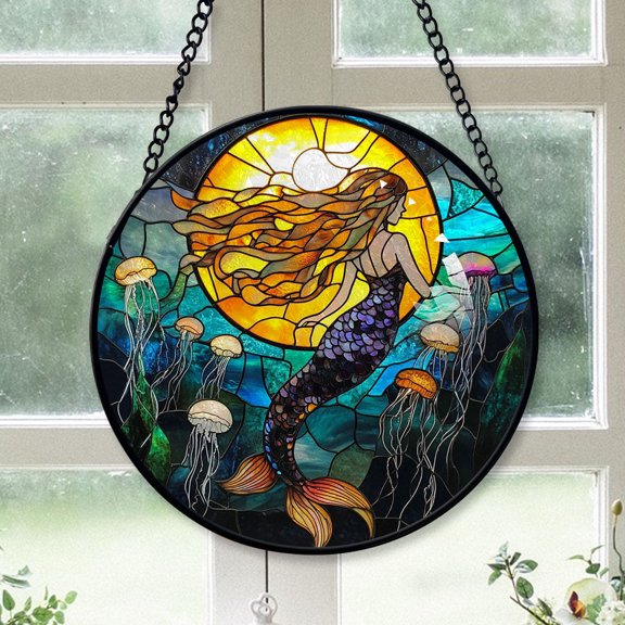 Office Party Gift - Mermaid in an Ocean Christmas Stained Glass Hanging Ornament - Classic Holiday Tree Decoration, Gift for Friends, Family, Mom, Dad
