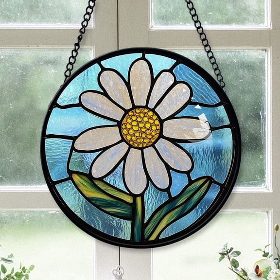 Office Party Gift - Minimalist Simple Line Daisy Christmas Stained Glass Hanging Ornament - Classic Holiday Tree Decoration, Gift for Friends, Family, Mom, Dad
