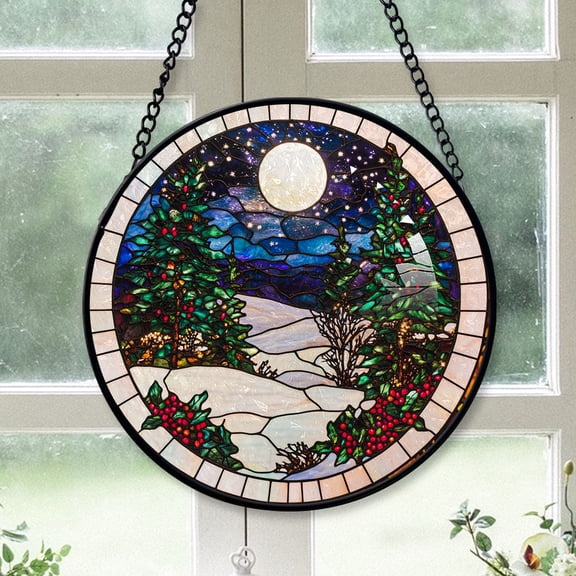 Office Party Gift - Winter Snow Scene Tree Mountains Christmas Stained Glass Hanging Ornament - Modern Holiday Tree Decor, Xmas Gift Idea for Family & Friends, 2025 Edition