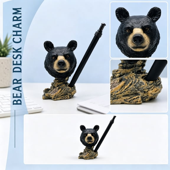 Office Pen Holder, Black Desk Organizer, Home Office Decor, Pen Organizer for Desk, 3X2.5X4 Inch Decorative Black Bear Figurine Desktop Container for Writing Utensils, Small