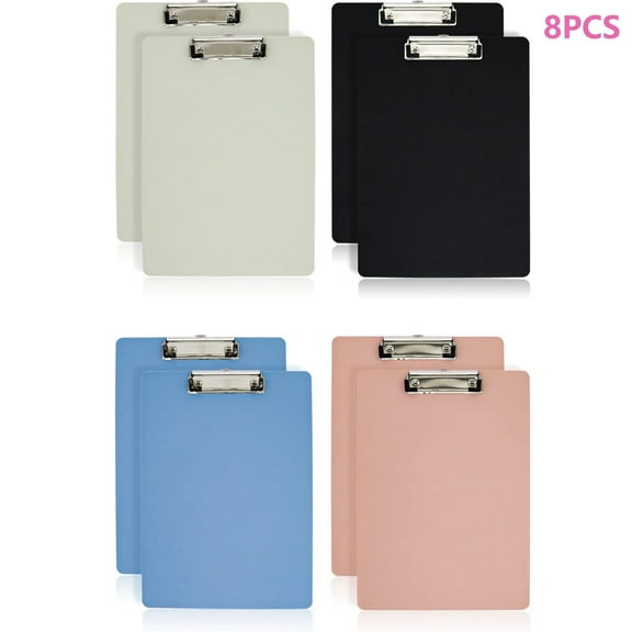 Office Plastic Clipboards, 8 Pack Low Profile Assorted Colors Clip Boards Pack, 12.5 x 9 Inch A4 Letter Size(Black White Pink and Blue,2 Pieces Per Color)