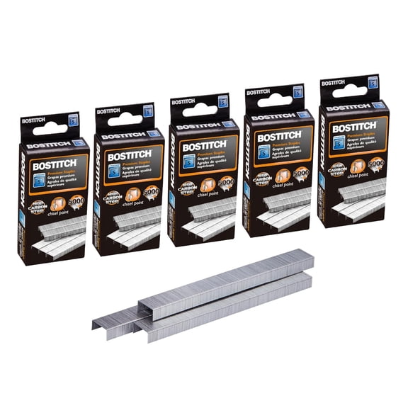 Office Premium Standard Staples, 1/4" Length, High-Carbon Steel, 5000 Per Box, 5-Pack
