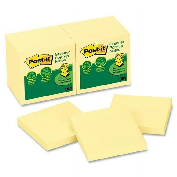 Office Products Sticky note Notes, Recycled Pop-Up Refill, 3 x 3 in., Canary Yellow, 12 Pads Per Pack