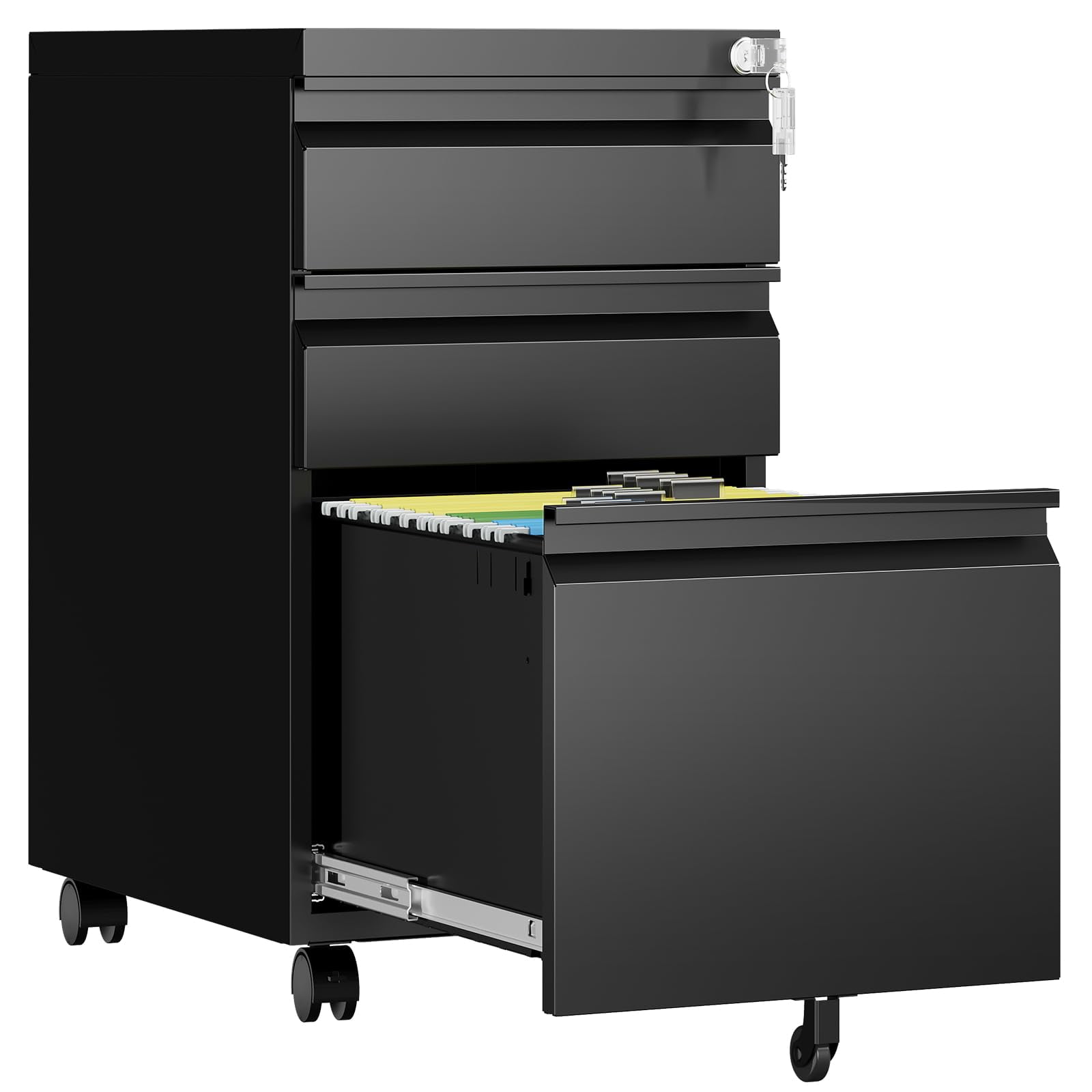 Office Rolling File Cabinet with 3 Drawers, Locking System for Security, Compact Under Desk Storage, Holds Hanging Folders (A4/Legal/Letter), Black