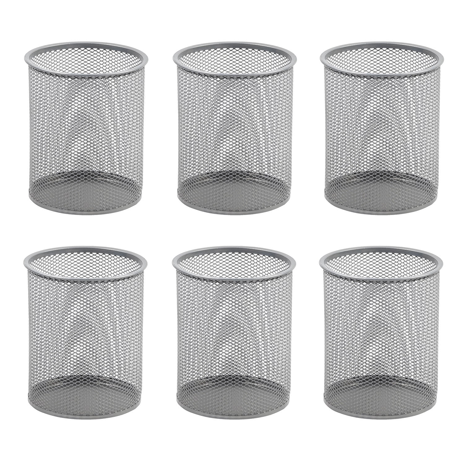 Office Round Desk Steel Mesh Pencil Cup Pen Holder Silver, 2210-6 Pack of 6