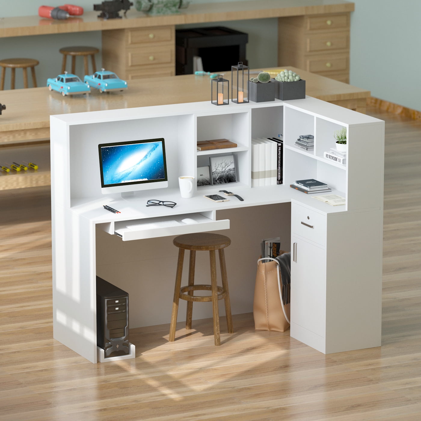 Office Salon L Shaped Front Desk Reception Desk with Drawer White 55.9