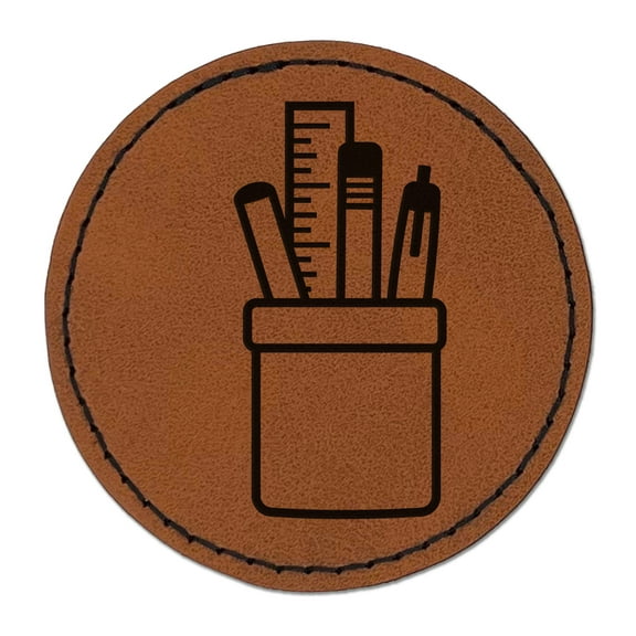 Office School Pen Pencil Holder 2.5" Faux Leather Round Engraved Iron-On Patch - Brown