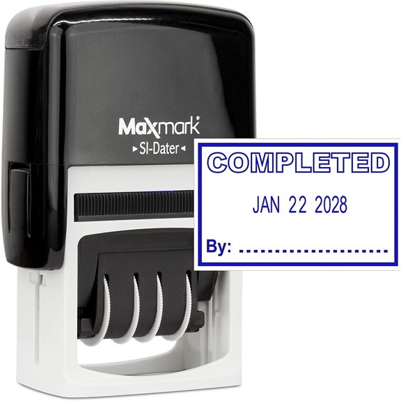 Office Self Inking Date Stamp with Phrase Completed - Blue Ink