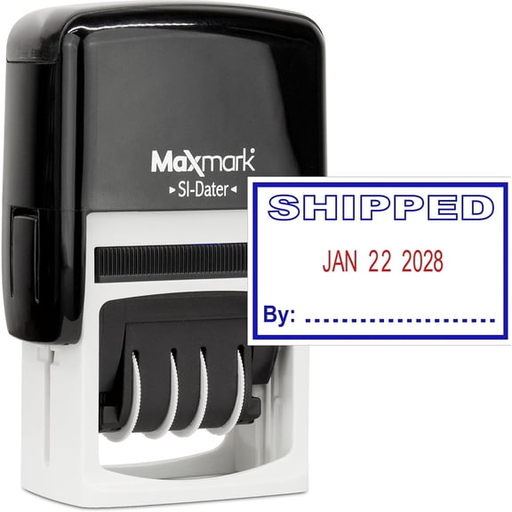 Office Self Inking Date Stamp with Phrase Shipped - 2 Color Blue/Red Ink