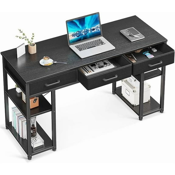 Office Small Computer Desk: Home Table with Fabric Drawers & Storage Shelves, Modern Writing Desk, Grey Oak,