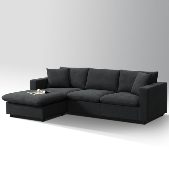 Office Sofa, 101" L-Shaped Modular Sectional Reception Sofa with 2 Matching Cushions, Black Polyester Fabric, 4-Seat Business Cloud Couch with Versatile Movement Ottoman for Reception, Commercial