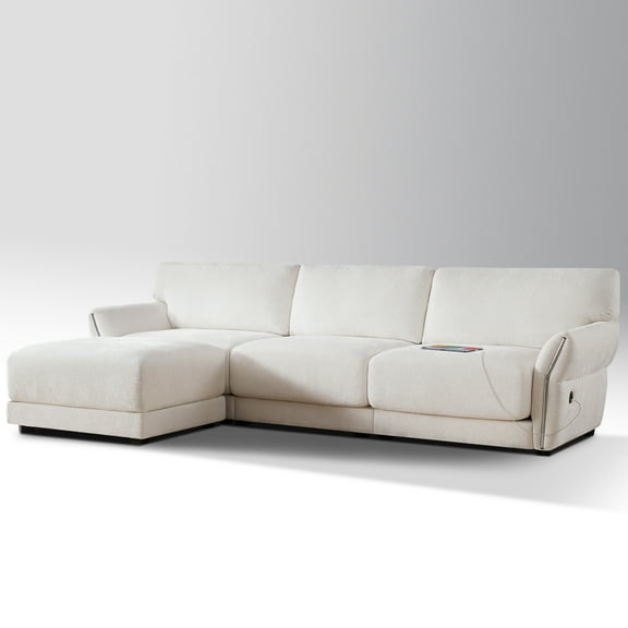Office Sofa, 110" L-Shaped Modular Sectional Reception Sofa with USB & Type-C Charging Ports, White Chenille Fabric, 4-Seat Business Cloud Couch with Movable Ottoman for Office, Reception, Commercial