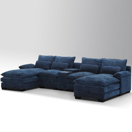 METIS WONG 123-Inch U-Shaped Modular Sectional with Console, USB Ports & Cup Holders. 6-Seater with Cloud-Like Comfort for Office & Reception.