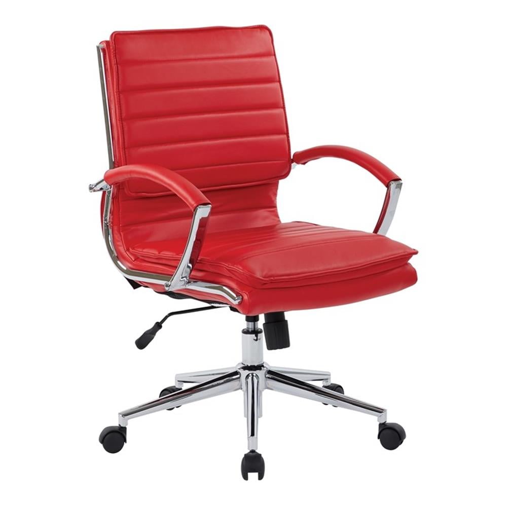 Executive Mid-Back Swivel Chair in Red Leather with Chrome Base