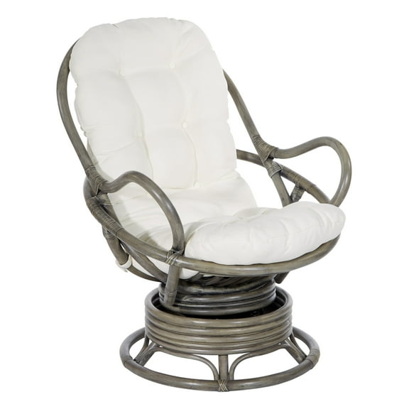 OSP Home Furnishings Tahiti Rattan Swivel Rocker Chair in White Fabric with Grey Frame