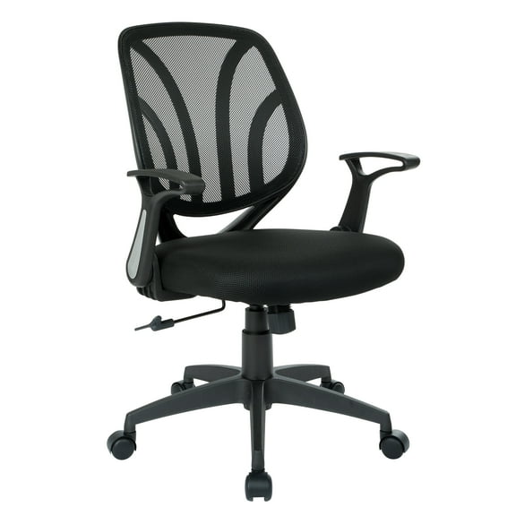 Office Star Products Screen Back Chair with Black Mesh, Flip Arms, and Silver Accents