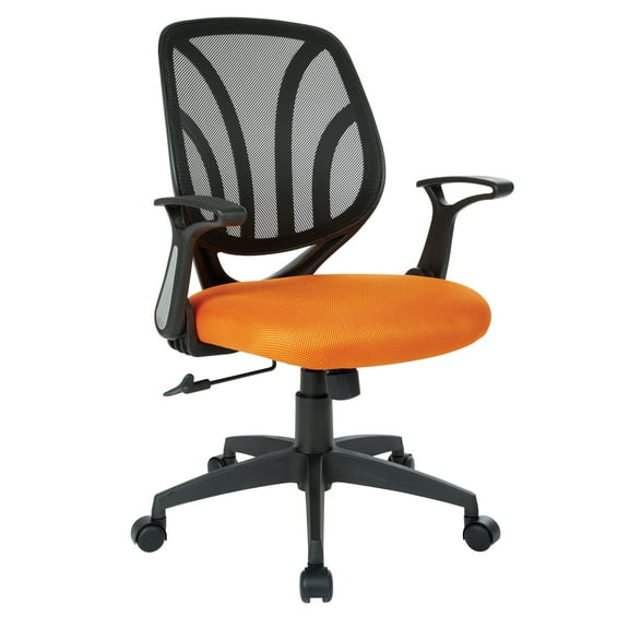 Office Star Products Screen Back Chair with Orange Mesh, Flip Arms, and Silver Accents