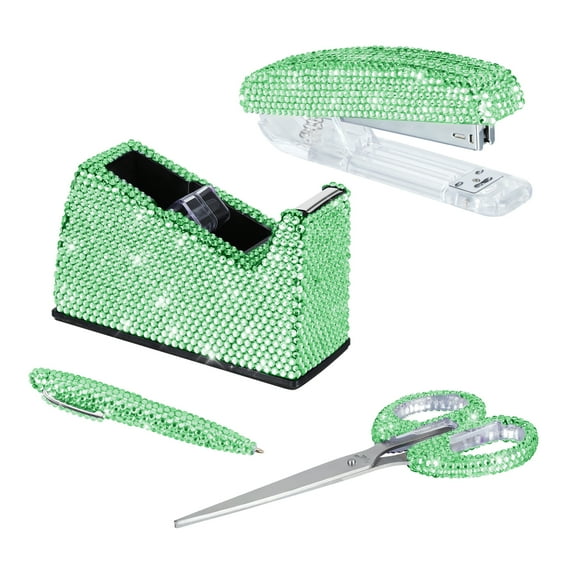 Office Stationery Set,Desk Accessory Kit, Home Office Necessary- Stapler & Desktop Tape Dispenser & Ballpoint Pens & Scissor 4 Piece Office Desk Accessories Kits(Green)
