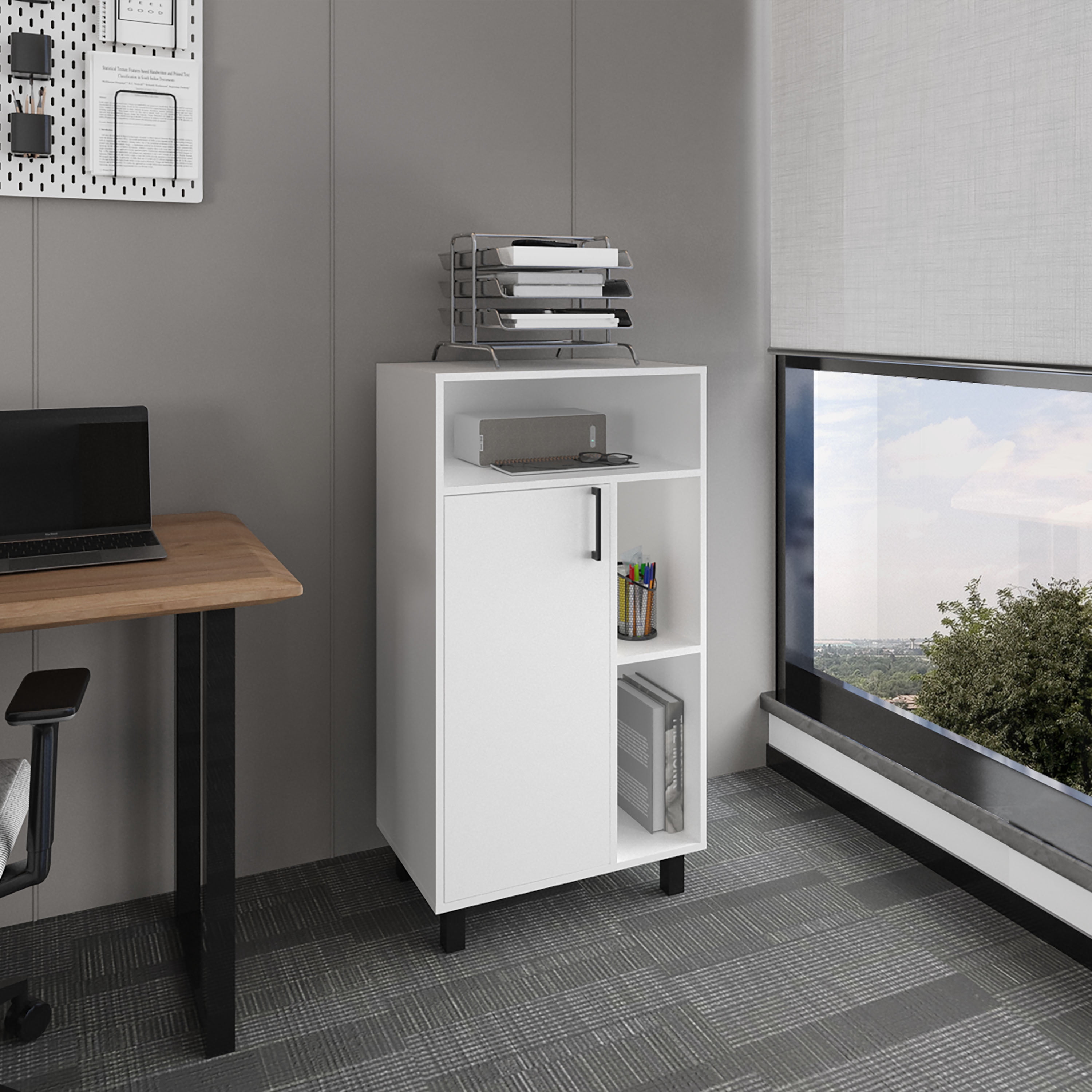 Office Storage Cabinet, 1 Door with 3 Shelves, Engineered Wood, Compact Functional Design