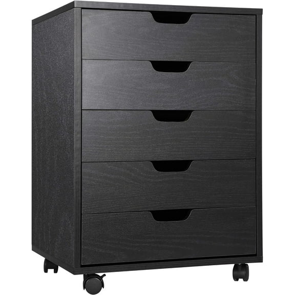 Office Storage Cabinet 5 Drawers Desk Solid Wood Rolling Storage Cart Nightstand Storage File Organization Dresser for Home Office Black