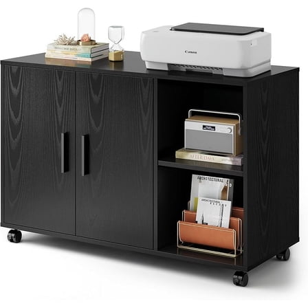 Office Storage Cabinet with Doors and Shelves, Lateral Printer Stand for Office Supplies and File Storage, Filing Cabinet for Home Office, Black