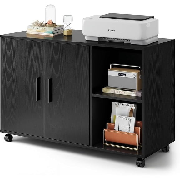 Office Storage Cabinet with Doors and Shelves, Lateral Printer Stand for Office Supplies and File Storage, Filing Cabinet for Home Office, Black