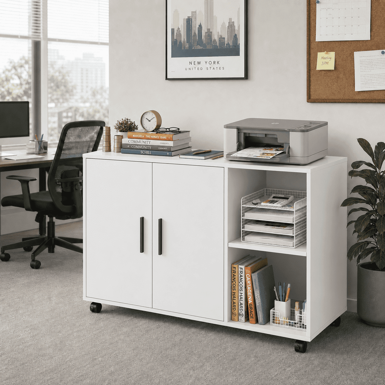 GALAXHERO Wood Storage Cabinets with Doors and Shelves, Lateral File Cabinet & Printer Stand with Storage for Home Office, White