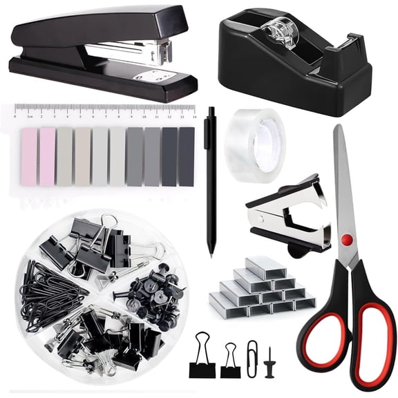 Office Supplies,Black Desk Accessories,Office Supplies Set,Stapler and Tape Dispenser Set,Scissors,Staple Remover,Binder Clips,Staples,Ballpoint Pen,Index Tabs with Ruler,Clear Tape.9pcs for