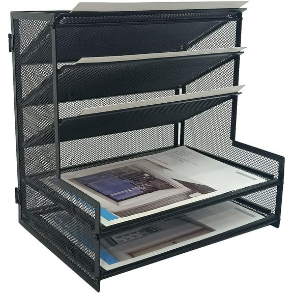 Office Supplies Desk Organizer, Metal Desktop File Holder with 5 Tier Paper Tray, Black
