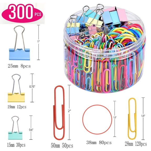 Office Supplies Set, Colorful Paper Clips, Paper Clips and Binder Clips, Rubber Bands Office Supplies, 300 Pcs Total (170 Durable Coated Safety Paper Clips, 80 Stretchy Standard