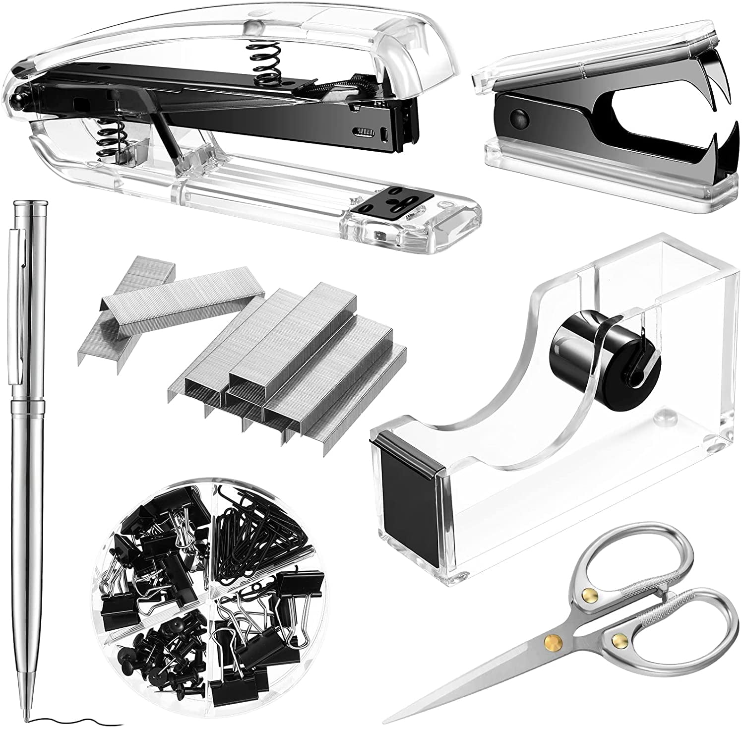 Office Supplies Set Desk Accessory Kit, Acrylic Stapler Set Staple Remover, Tape Dispenser, Binder Clips, Paper Clips, Ballpoint Pen and Scissor with 1000 Pieces 26/6 Staples (Black)