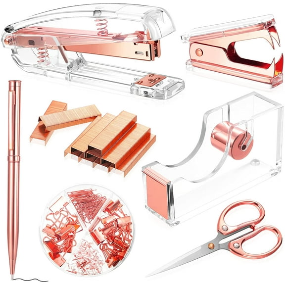 Alsisk Stationery Set with Stapler, Tape Dispenser, Scissors, Pen & Staples, Rose Gold, 6-Piece
