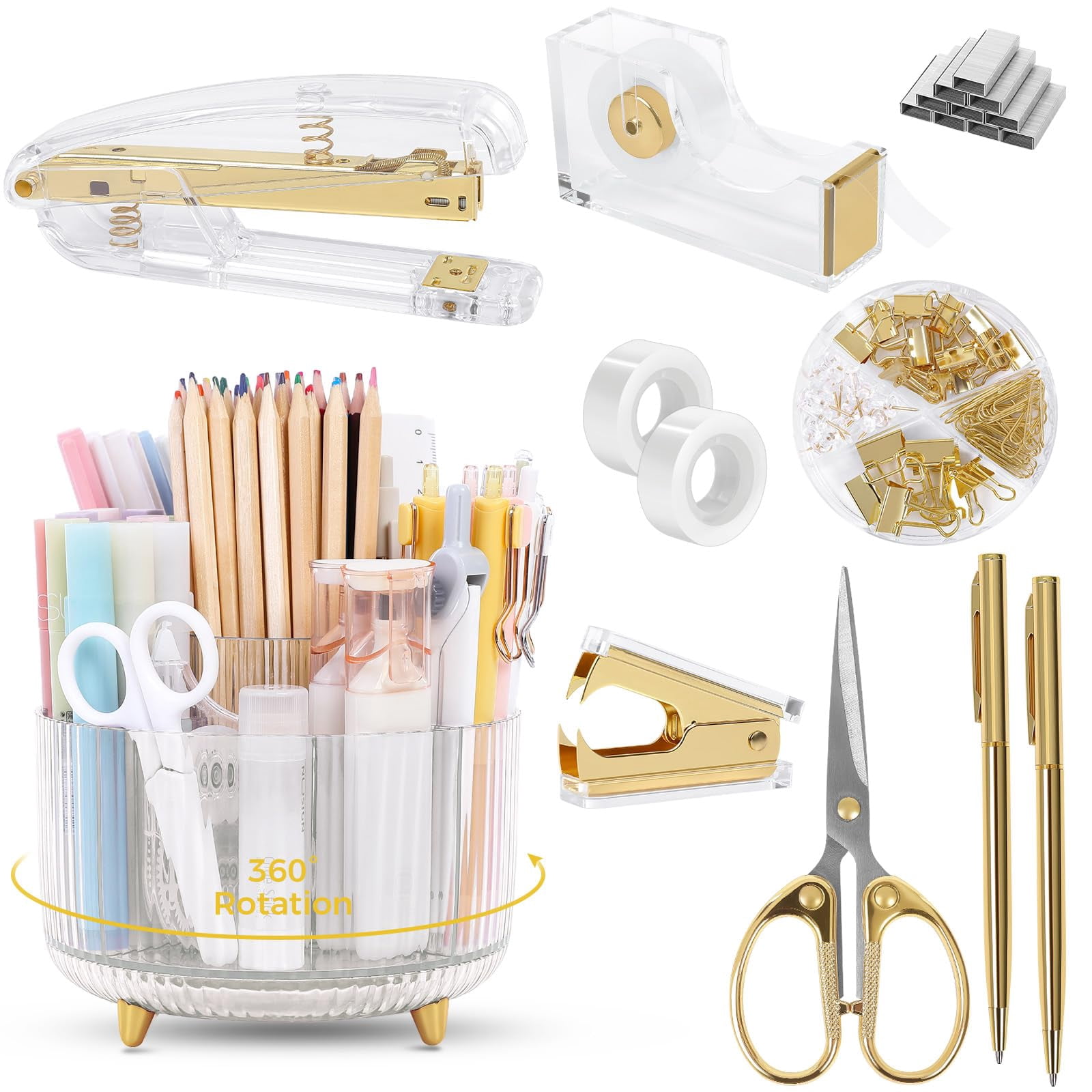 Office Supplies Set  Pencil Holder For Desk Gel Pen Stapler Tape Dispenser Clips And 1000pcs Staples Decor Women Accessories