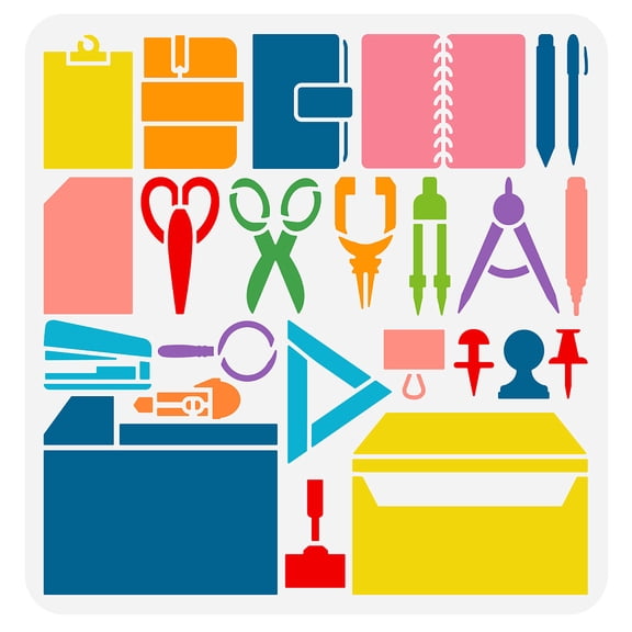 Office Supplies Stencil 11.8x11.8inch Reusable Journaling Printers Staplers Document Cases Paper Cutters Round Gauges Pins Sticky Rulers Template