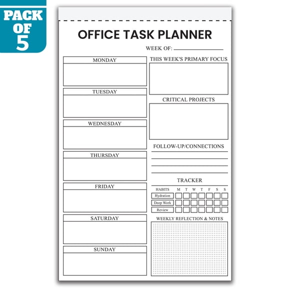 Office Task Planner Notepad 5.5 x 8.5 Inch, Pack of 5 Office Planning Pads, Daily Task Organizer, Work Planner, Business Task Manager, 50 Sheets Per Pad, Made in USA