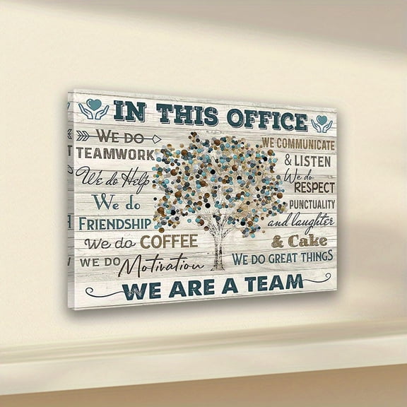 In This Office We Are a Team Motivational Wall Art - Wood Framed Canvas Print with Inspirational Quotes, Rustic Home & Office Decor for Living Room, Bedroom,